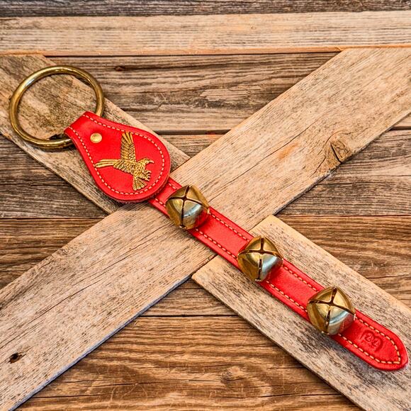 Belsnickel Eagle Charm Red Leather 3 Brass Bell Strap Door Hanger, 14.5”H - Picture 1 of 8